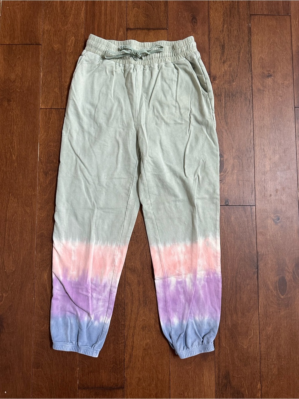 Hem & Thread Sage Tie-Dye Joggers with Peach, Lavender, and Blue Bands